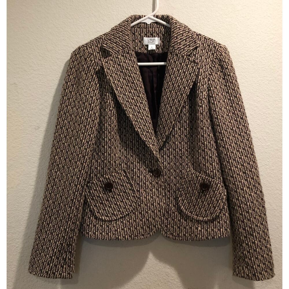 Ann Taylor Loft Brown Pink Wool Blend One Button Tweed Blazer Jacket Size 6